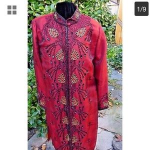 Roaman's Red Black Gold Beads Long Evening Jacket